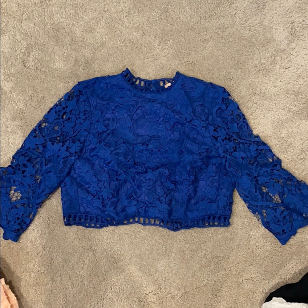 Champagne & Strawberry Crop Blue Lace Top